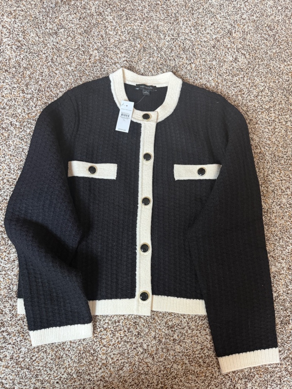 Ann Taylor Black and Cream Trimmed Knit Jacket